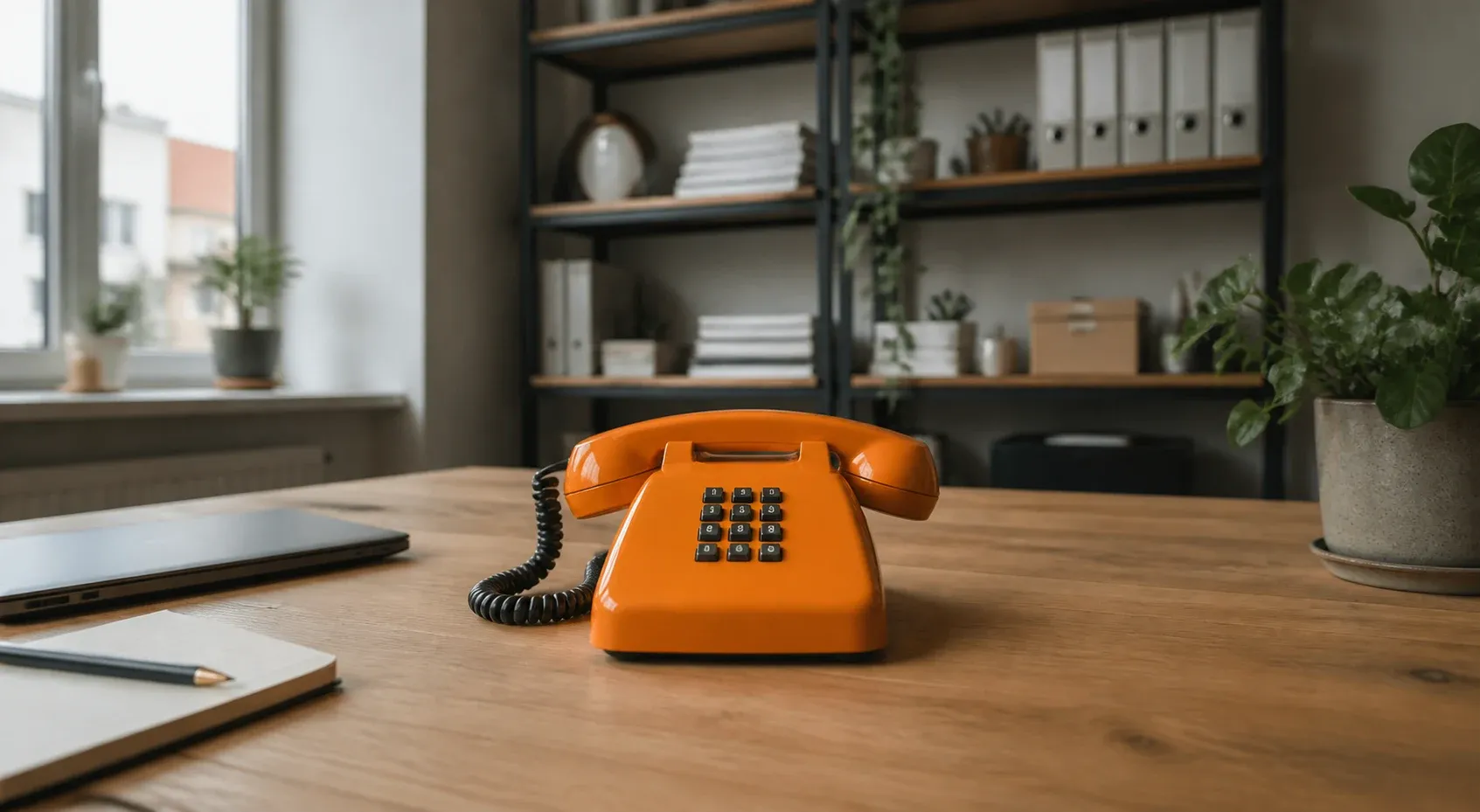 Een oranje telefoon op een bureau in een rustige kantooromgeving