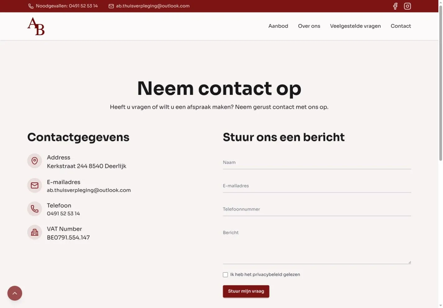 Contactpagina van AB Thuisverpleging met contactgegevens en een vragenformulier