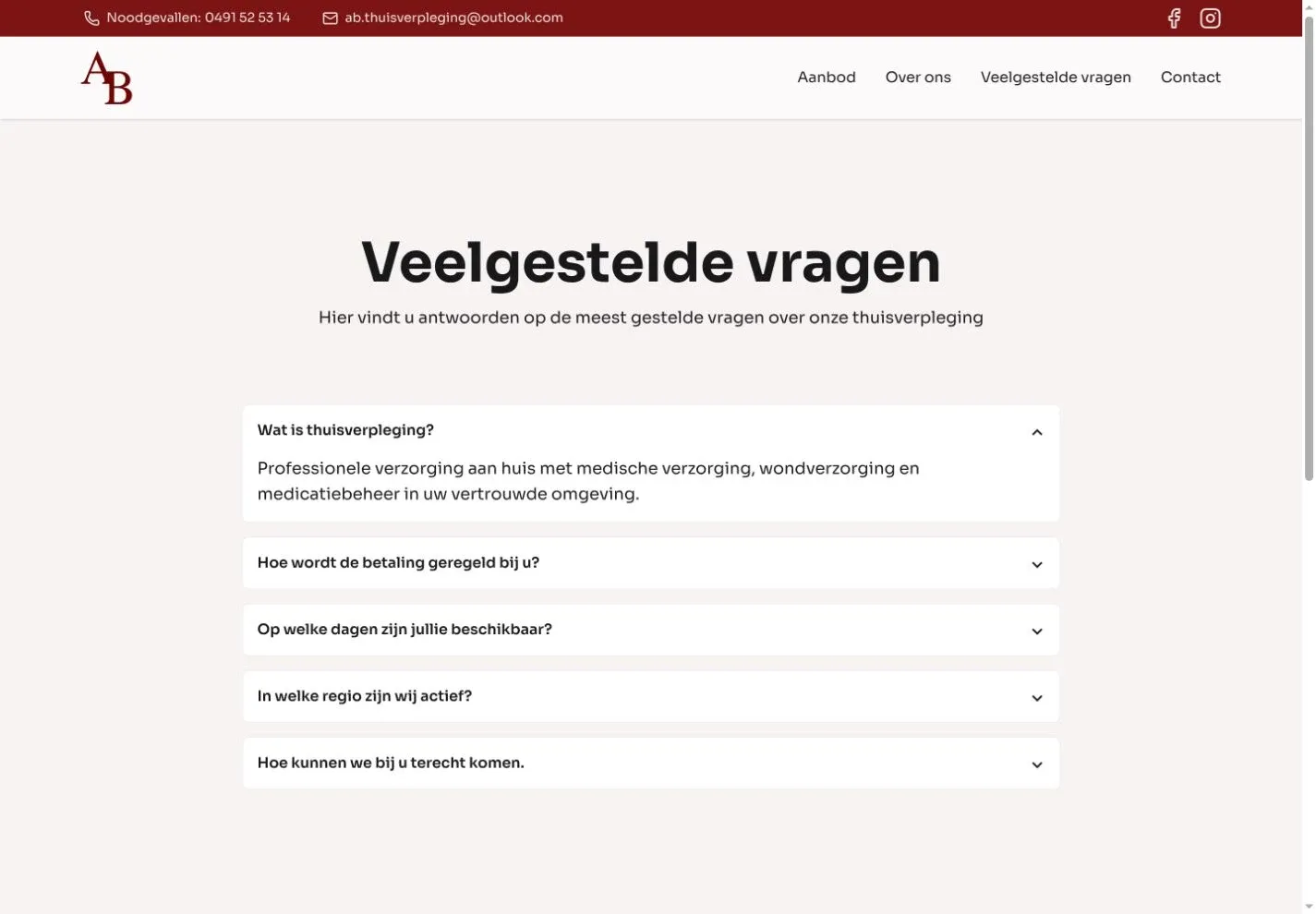 Veelgestelde vragen over thuisverpleging op de website van AB Thuisverpleging