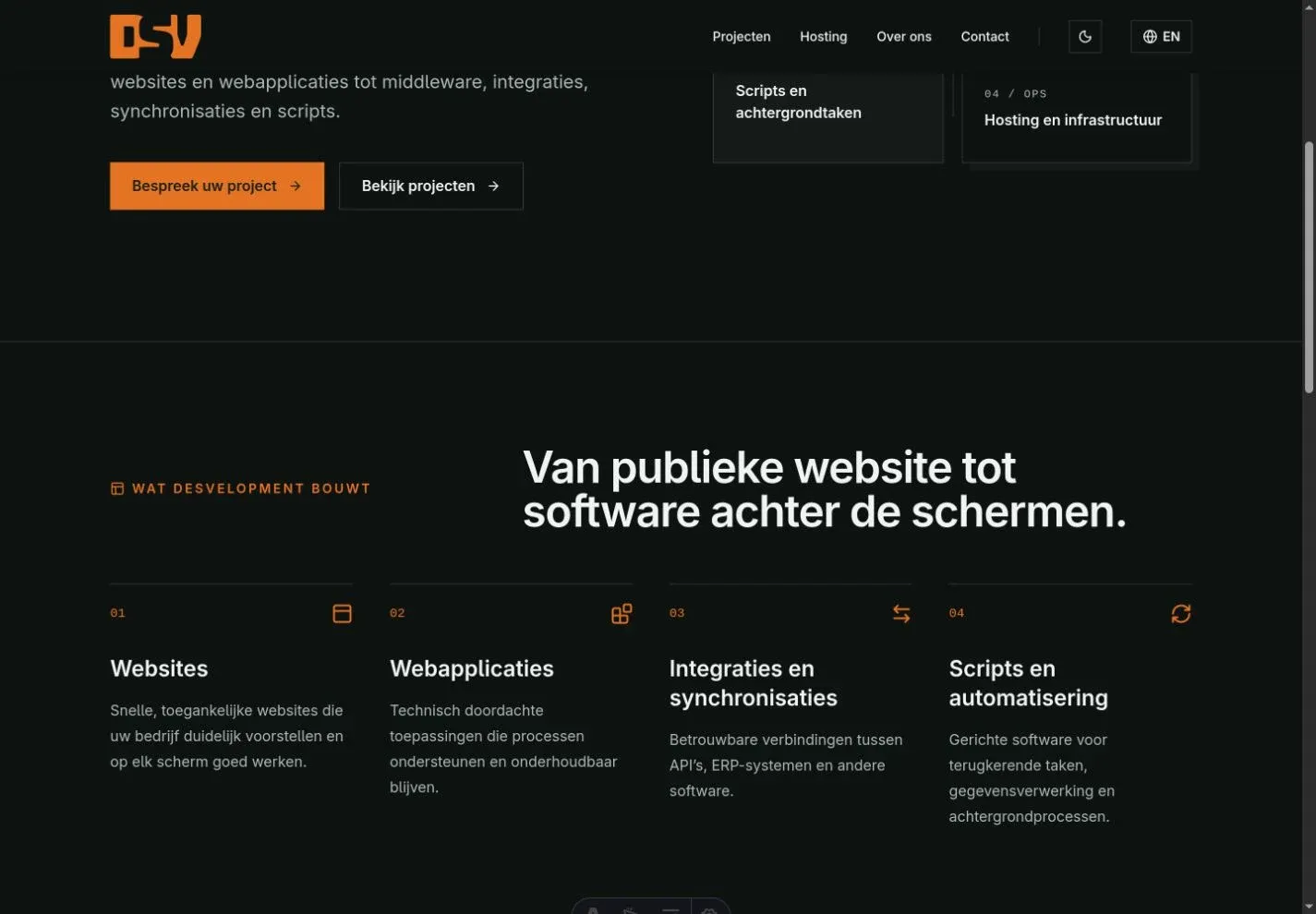 Startpagina van Desvelopment met softwarediensten en integraties
