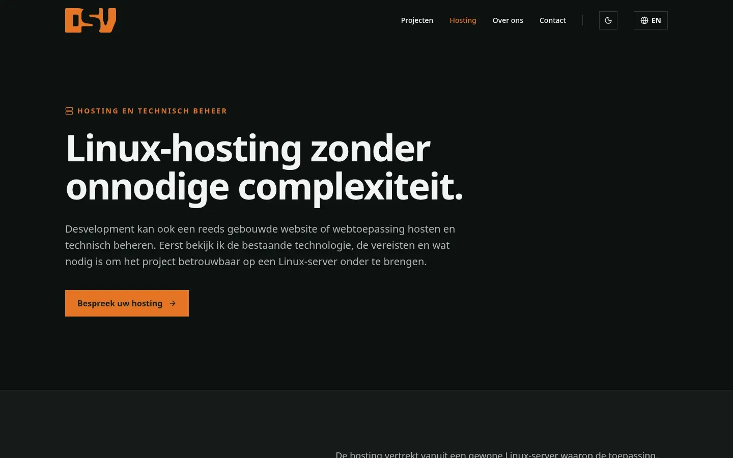 Hostingpagina van Desvelopment over Linux-hosting en technisch beheer