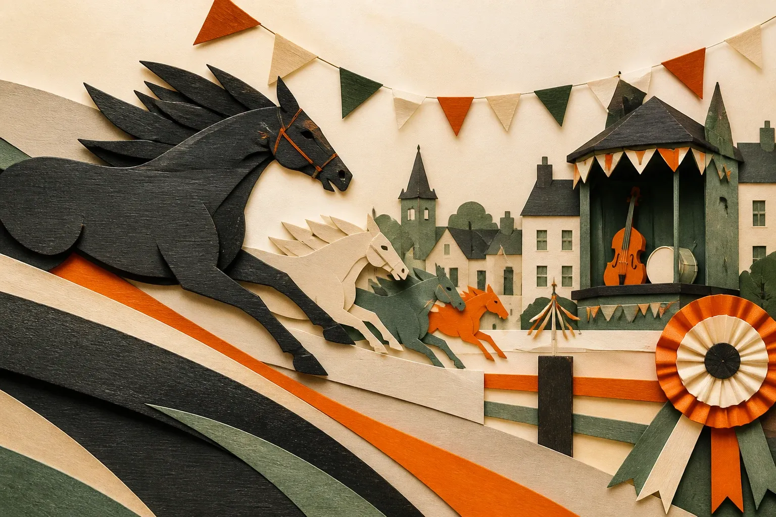 Papierillustratie van paardenrennen en een lokaal dorpsfeest