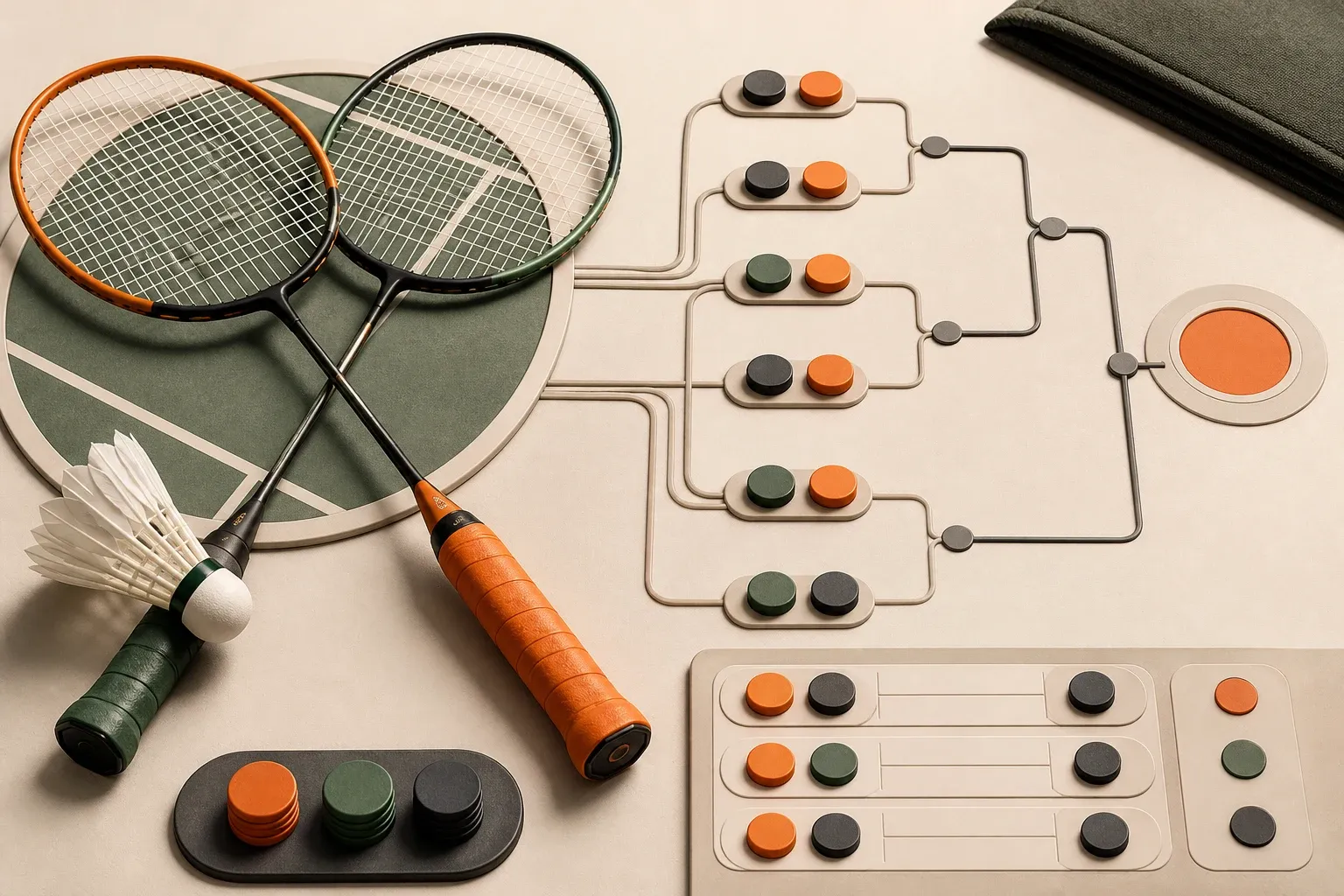 Illustratie van badmintonrackets, spelerskoppels en een toernooischema