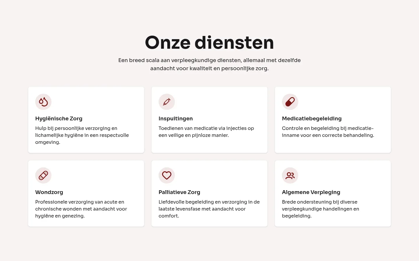 Overzicht van de zorgdiensten op de website van AB Thuisverpleging
